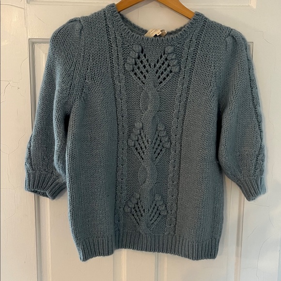 SEZANE Light Blue Mohair Wool Knit Short Sleeve Cableknit Sweater Pull Giulia - Picture 2 of 5